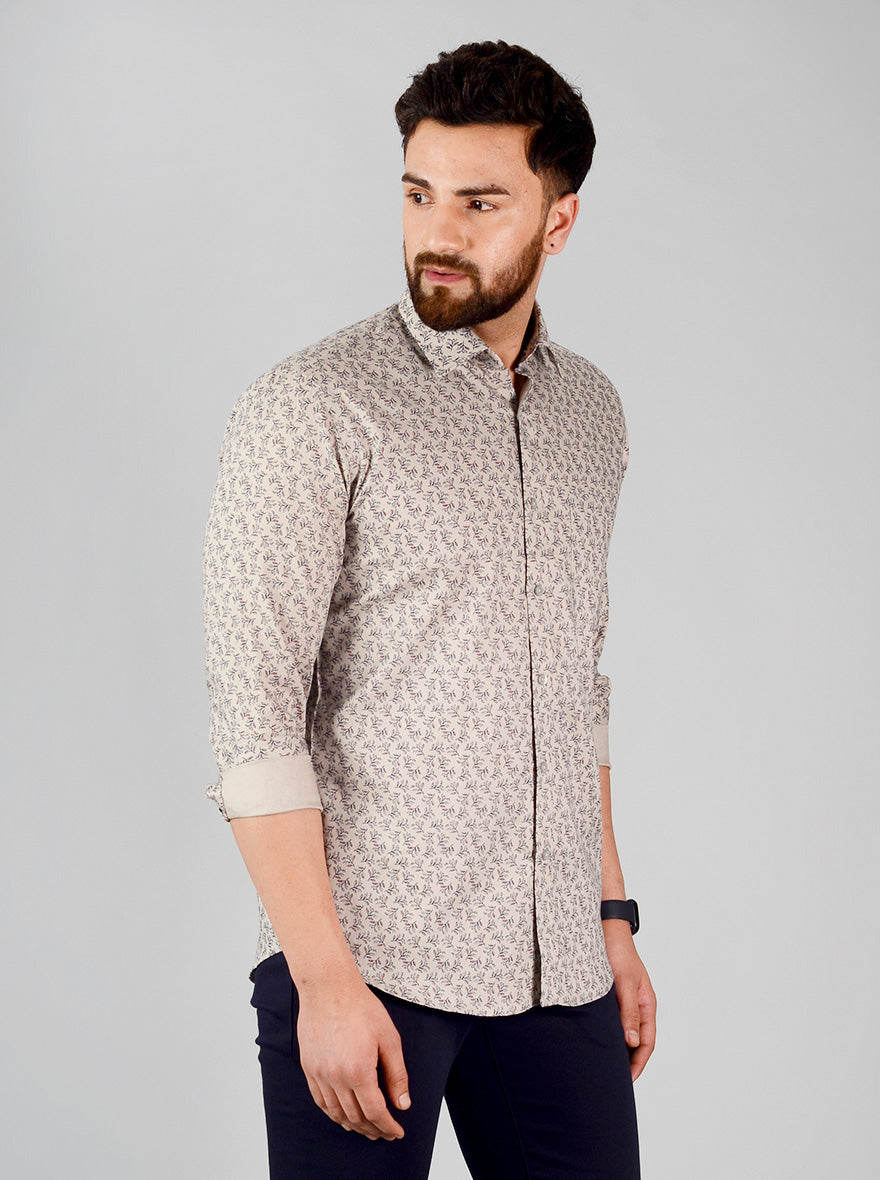 Cement Brown & Blue Printed Slim Fit Formal Shirt | JadeBlue