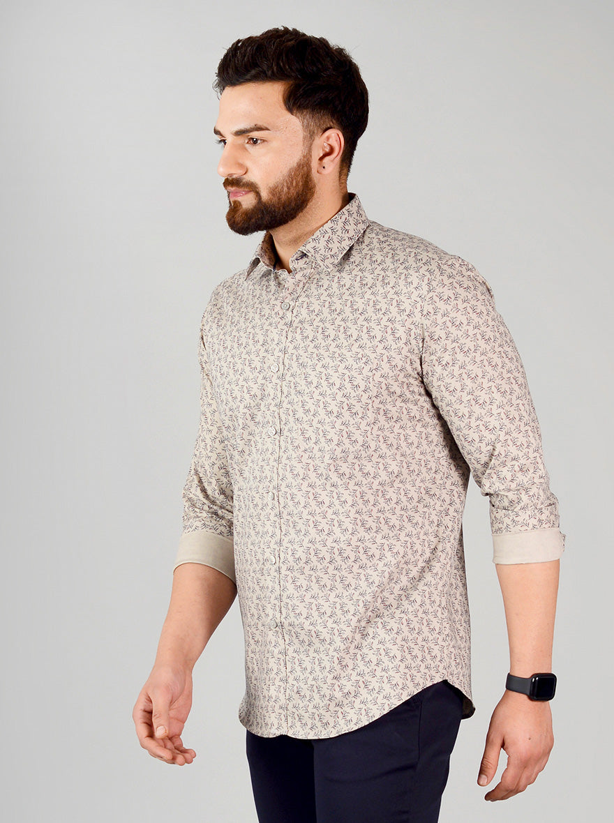 Cement Brown & Blue Printed Slim Fit Formal Shirt | JadeBlue