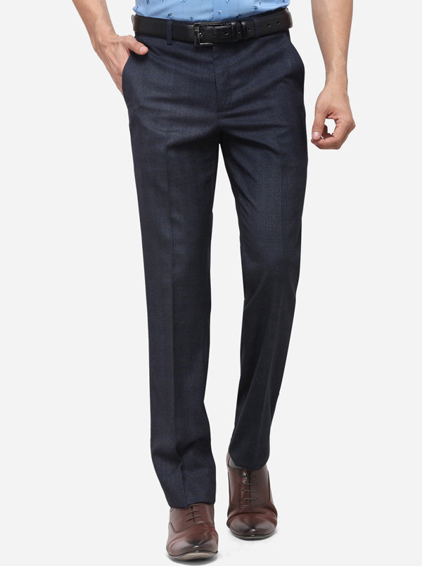 Blue & Grey Slim Fit Checked Formal Trouser | Metal