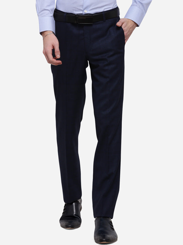 Navy Blue Checked Slim Fit Formal Trouser | Metal
