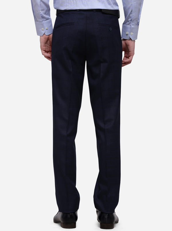 Navy Blue Checked Slim Fit Formal Trouser | Metal