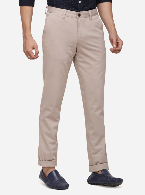 Beige Solid Slim Fit Casual Trouser | JadeBlue