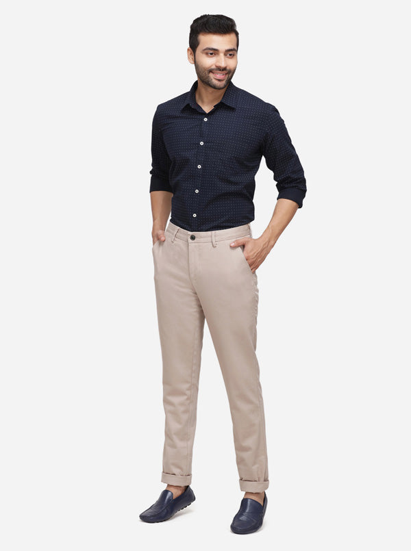 Beige Solid Slim Fit Casual Trouser | JadeBlue