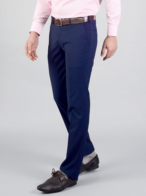 Navy Blue Self Textured Slim Fit Formal Trouser | JB Studio