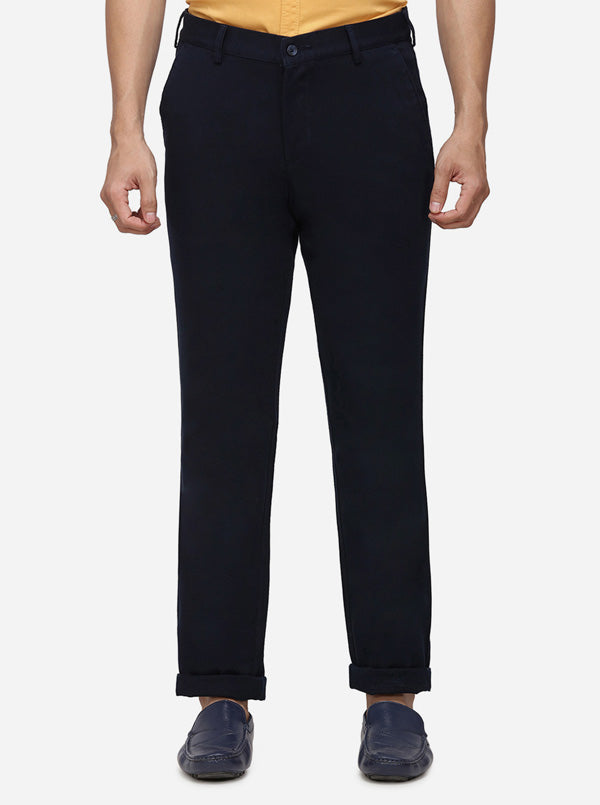 Navy Blue Solid Slim Fit Casual Trouser | Greenfibre