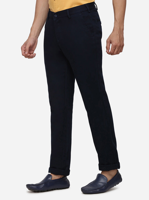 Navy Blue Solid Slim Fit Casual Trouser | Greenfibre