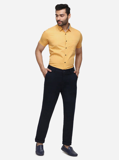 Navy Blue Solid Slim Fit Casual Trouser | Greenfibre