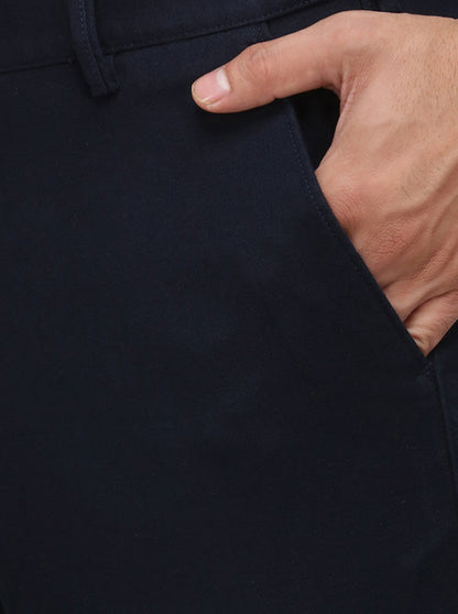 Navy Blue Solid Slim Fit Casual Trouser | Greenfibre