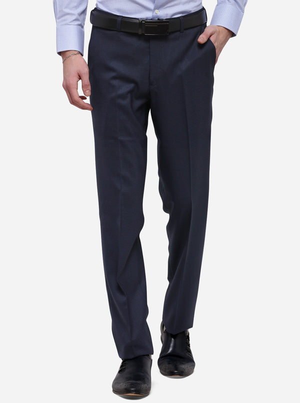 Navy Blue Solid Slim Fit Formal Trouser | Metal