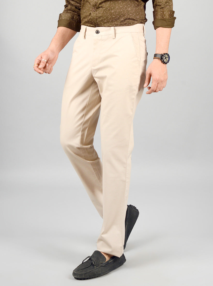 Beige Solid Slim Fit Casual Trouser | JB Sport