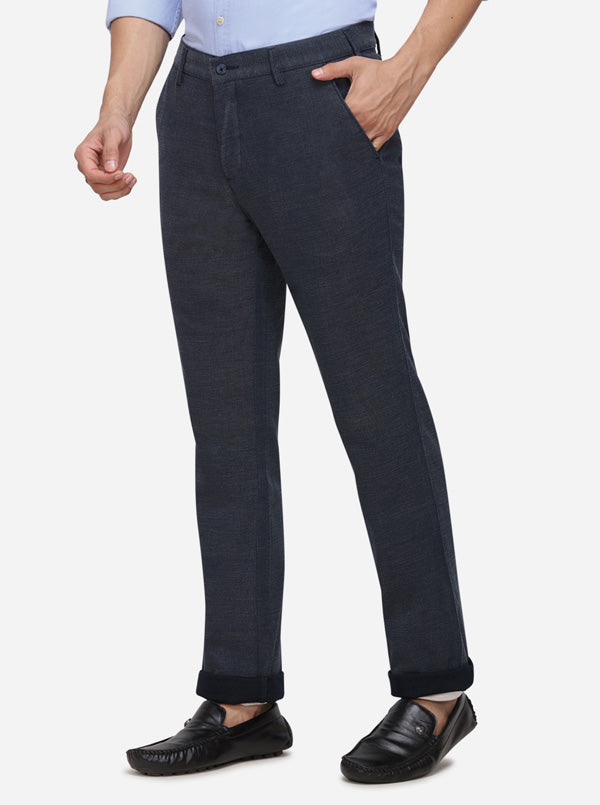Navy Blue Solid Slim Fit Casual Trouser | Greenfibre