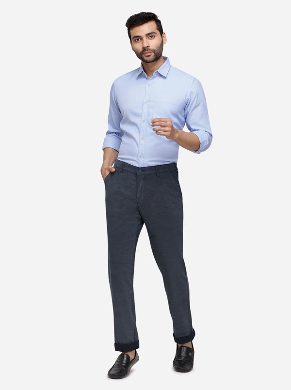 Navy Blue Solid Slim Fit Casual Trouser | Greenfibre