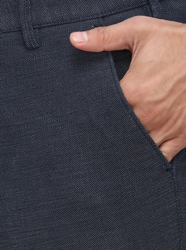 Navy Blue Solid Slim Fit Casual Trouser | Greenfibre