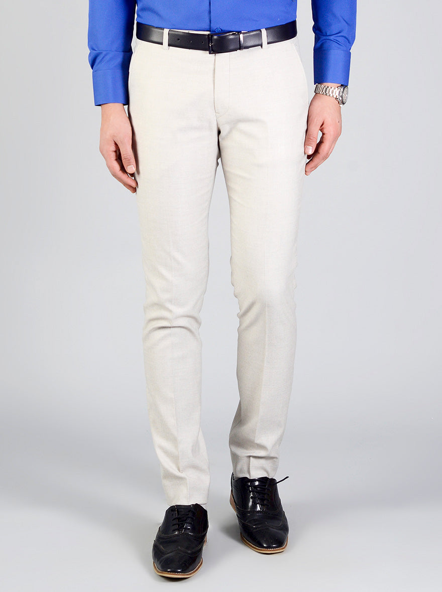 Cream Self Textured Slim Fit Formal Trouser | Greenfibre