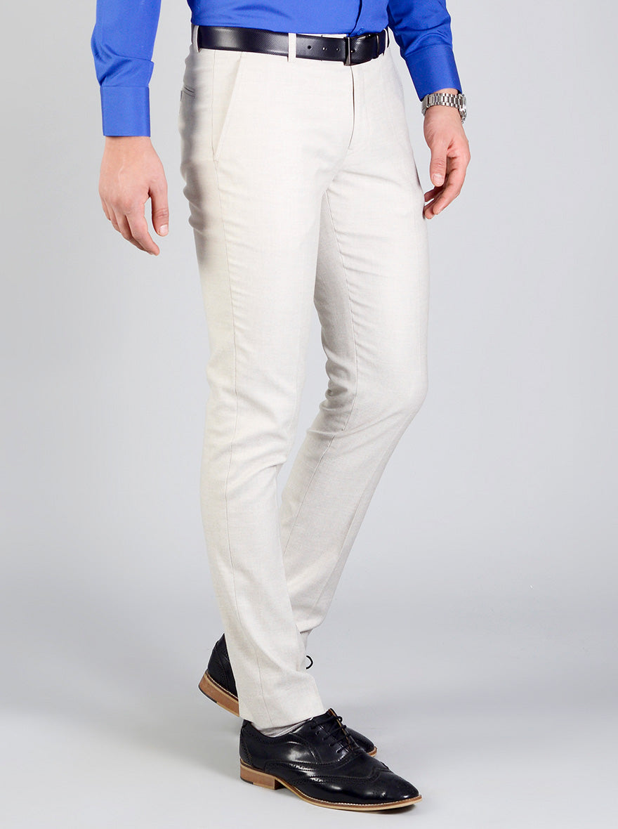 Cream Self Textured Slim Fit Formal Trouser | Greenfibre