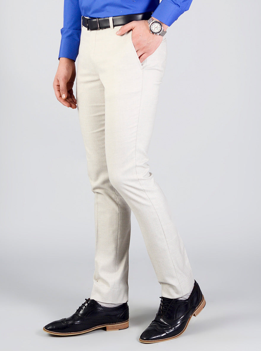 Cream Self Textured Slim Fit Formal Trouser | Greenfibre