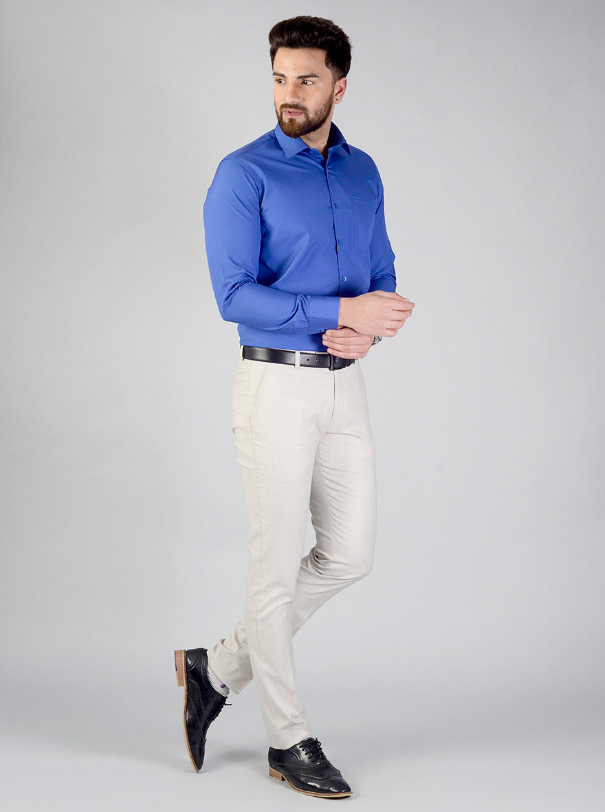 Cream Self Textured Slim Fit Formal Trouser | Greenfibre