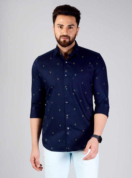 Navy Blue Printed Slim Fit Evening Wear Shirt | Metal