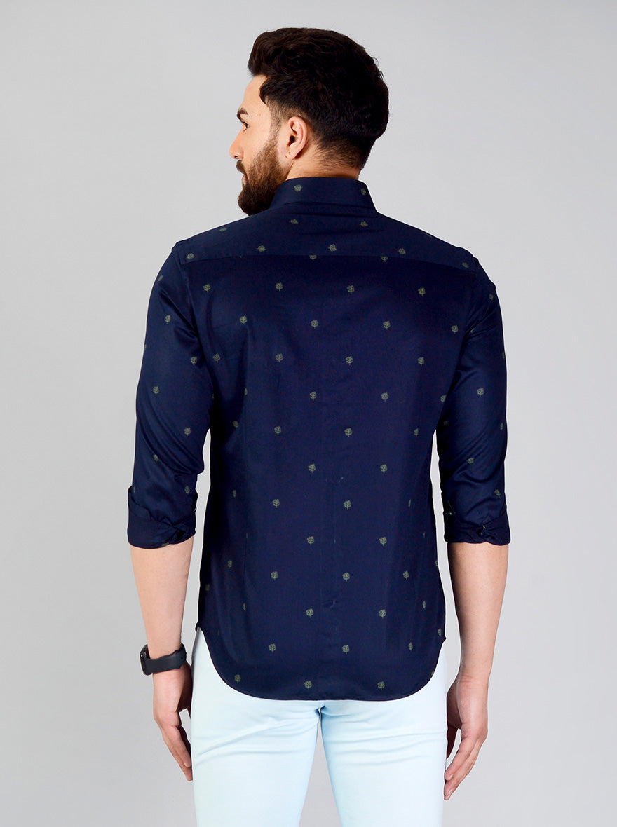 Navy Blue Printed Slim Fit Evening Wear Shirt | Metal