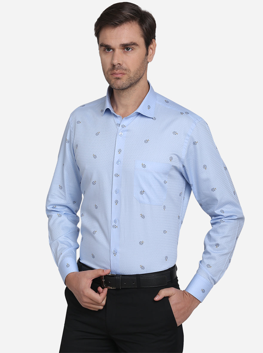 Sky Blue Printed Slim Fit Formal Shirt  | Metal