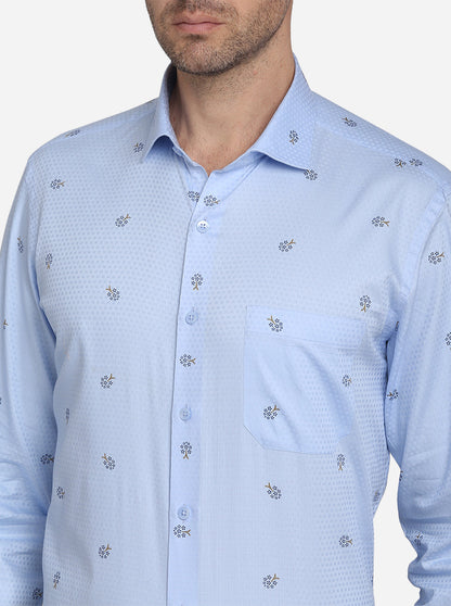 Sky Blue Printed Slim Fit Formal Shirt  | Metal
