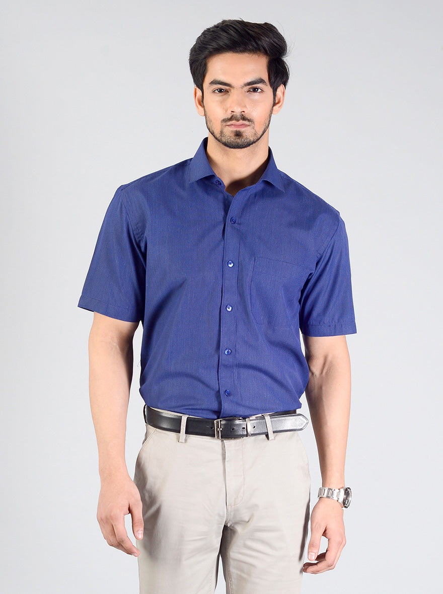 Dark Blue Checked Regular Fit Formal Shirt | Greenfibre