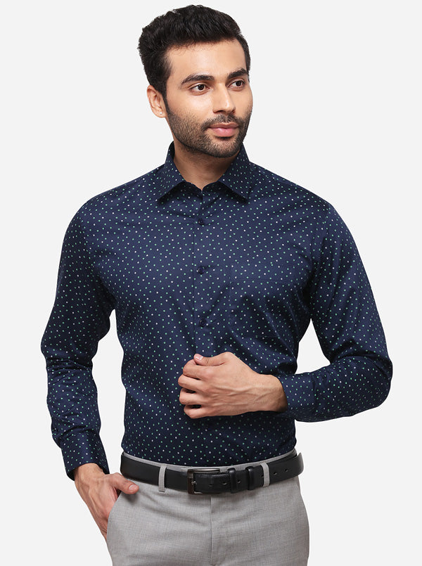 Navy Blue Printed Regular Fit Formal Shirt | Greenfibre