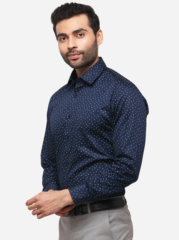 Navy Blue Printed Regular Fit Formal Shirt | Greenfibre