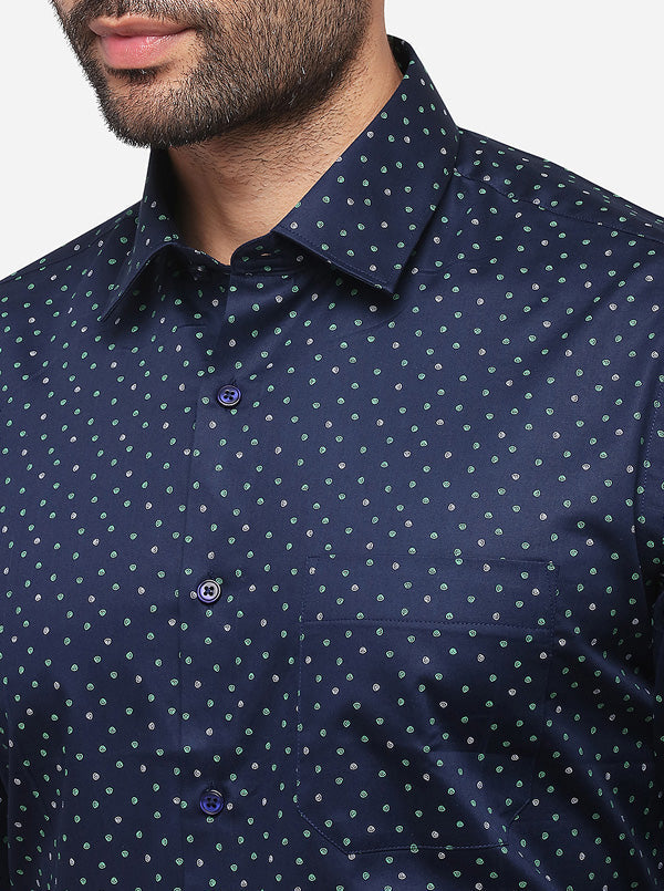 Navy Blue Printed Regular Fit Formal Shirt | Greenfibre