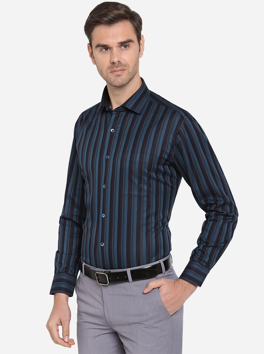 Teal Blue & Black Striped Slim Fit Formal Shirt | Metal