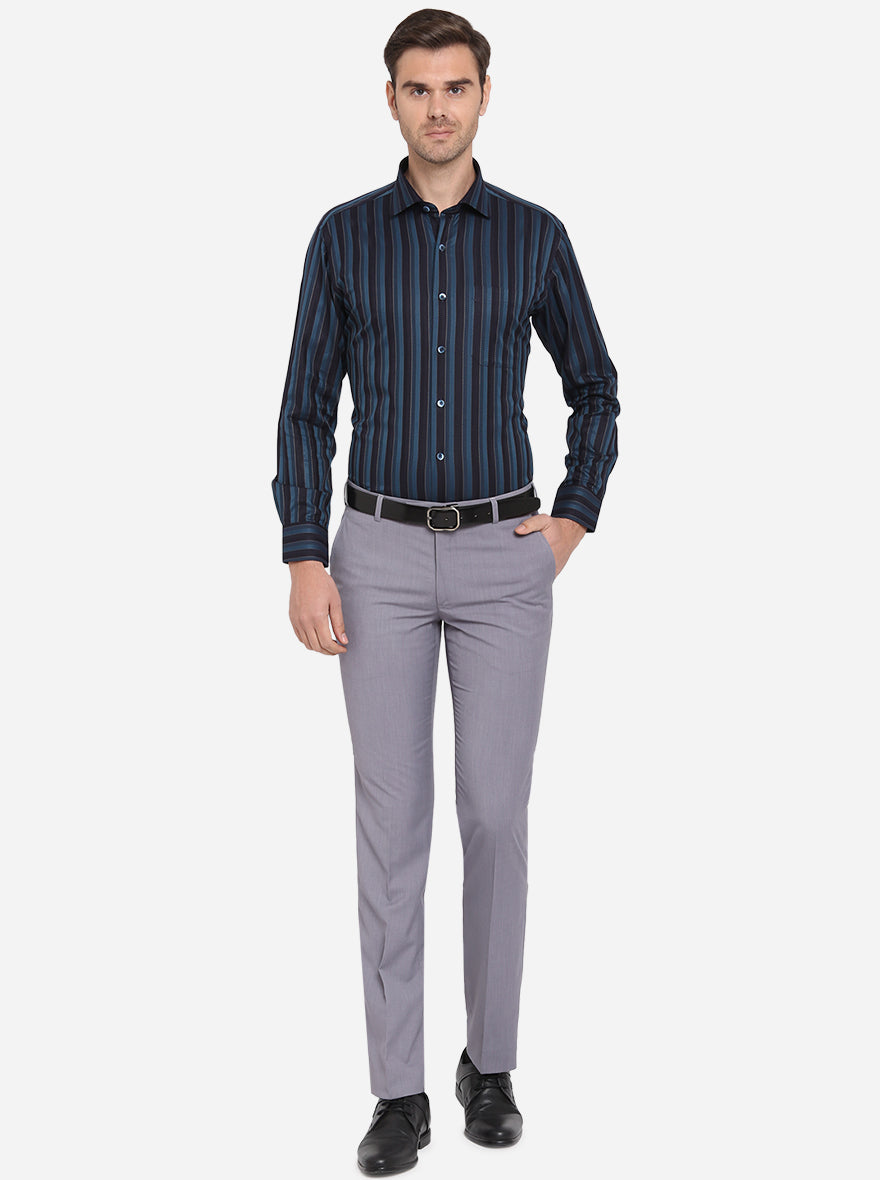 Teal Blue & Black Striped Slim Fit Formal Shirt | Metal