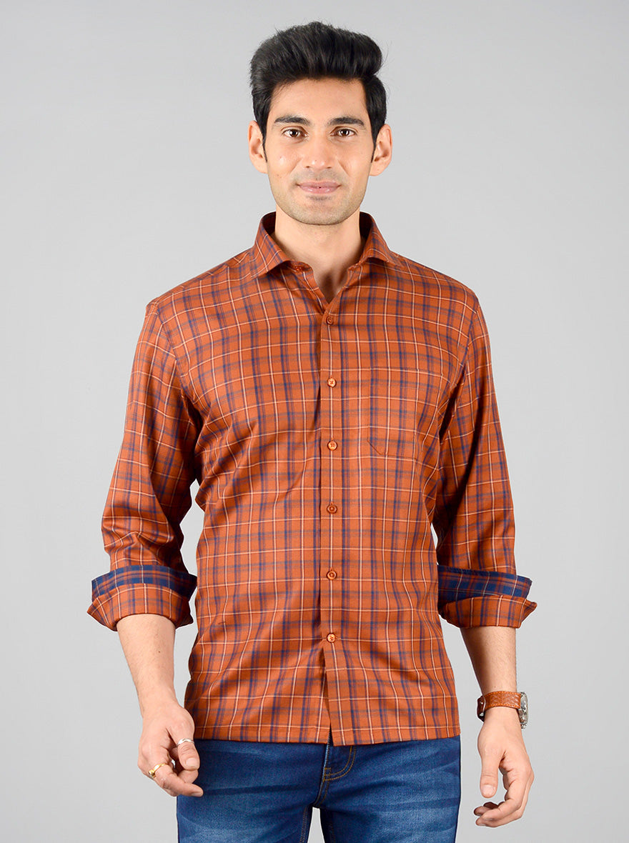 Brown & Blue Checked Regular Fit Formal Shirt | Greenfibre