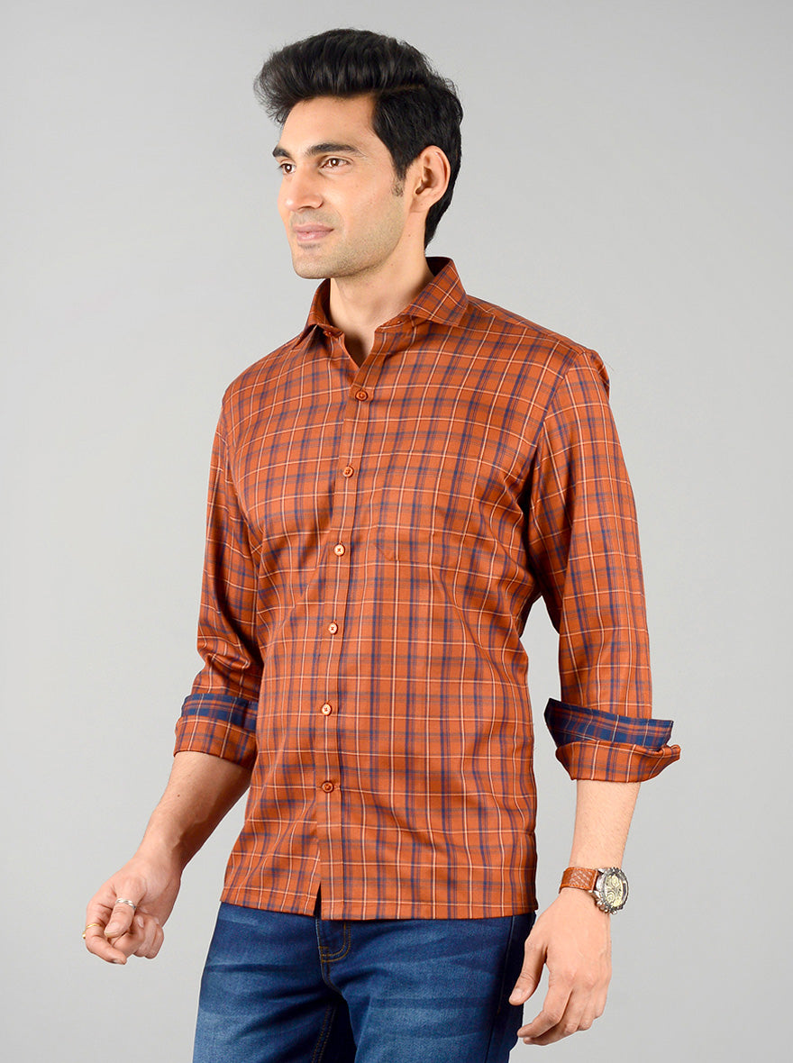 Brown & Blue Checked Regular Fit Formal Shirt | Greenfibre