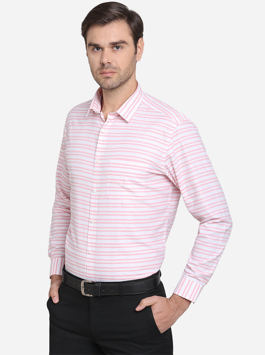 Pink & White Striped Slim Fit Formal Shirt  | Greenfibre