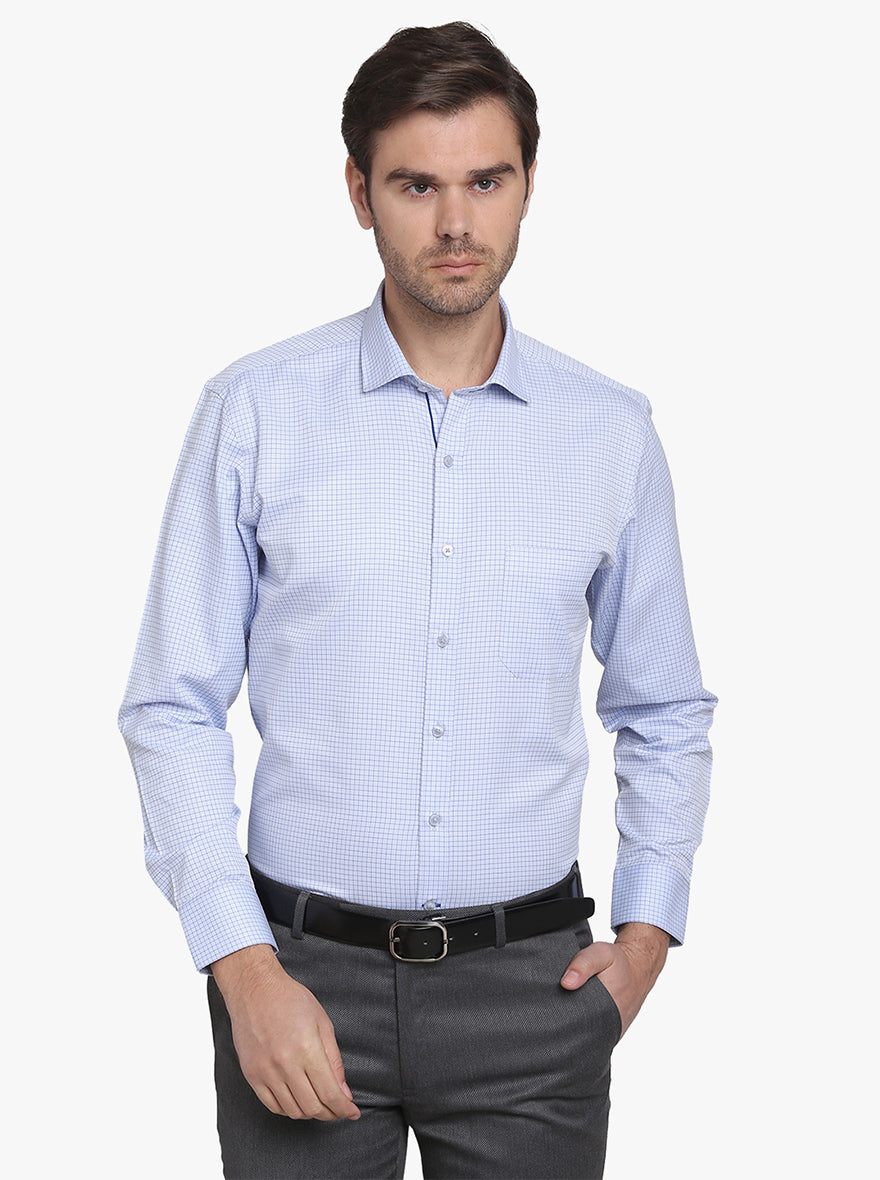 Light Blue Checked Regular Fit Formal Shirt  | Greenfibre