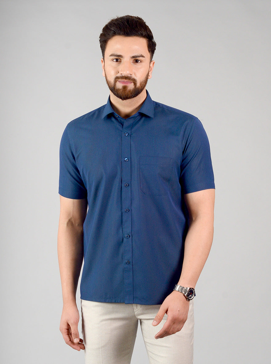 Navy Blue Checked Regular Fit Formal Shirt | Greenfibre