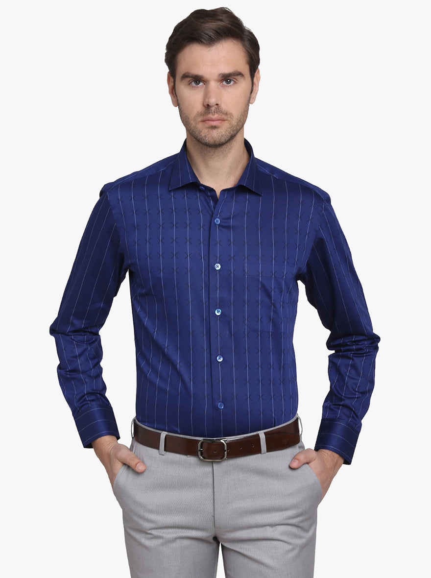 Navy Blue Striped Slim Fit Formal Shirt  | Metal