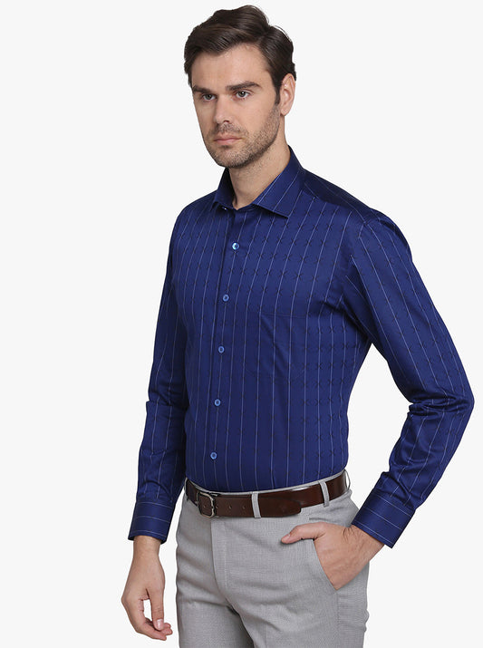 Navy Blue Striped Slim Fit Formal Shirt  | Metal