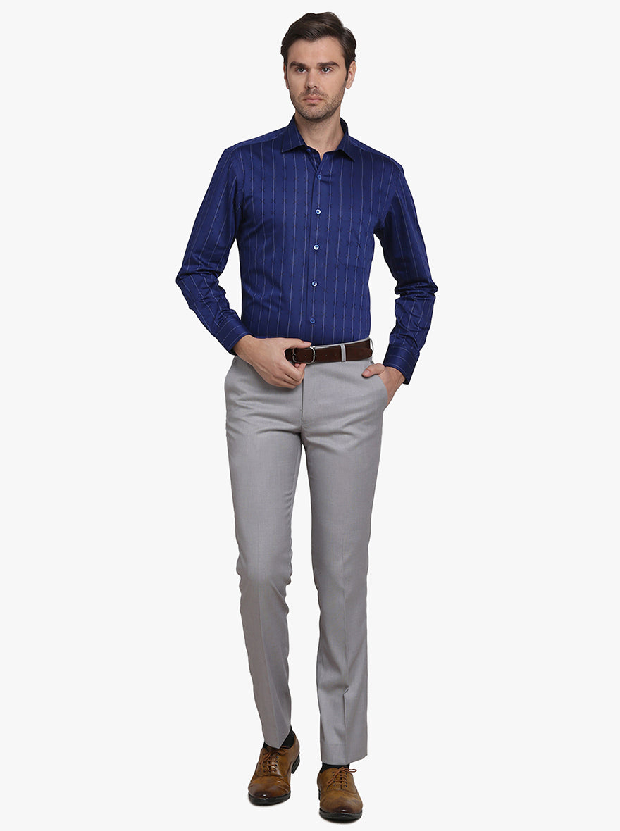 Navy Blue Striped Slim Fit Formal Shirt  | Metal