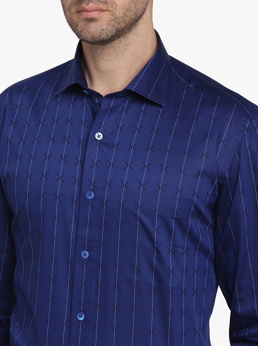 Navy Blue Striped Slim Fit Formal Shirt  | Metal