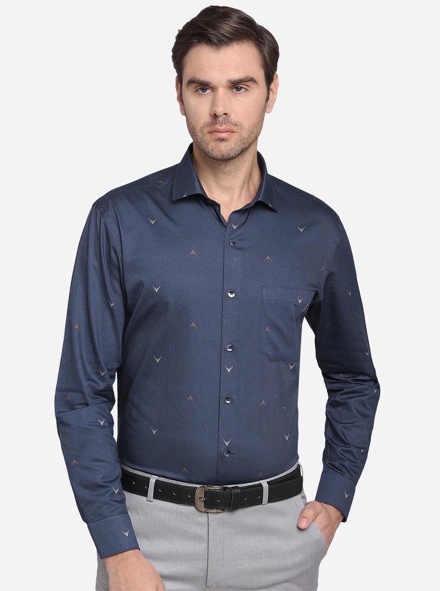 Navy Blue Printed Slim Fit Formal Shirt | Metal