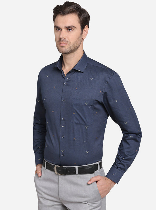 Navy Blue Printed Slim Fit Formal Shirt | Metal