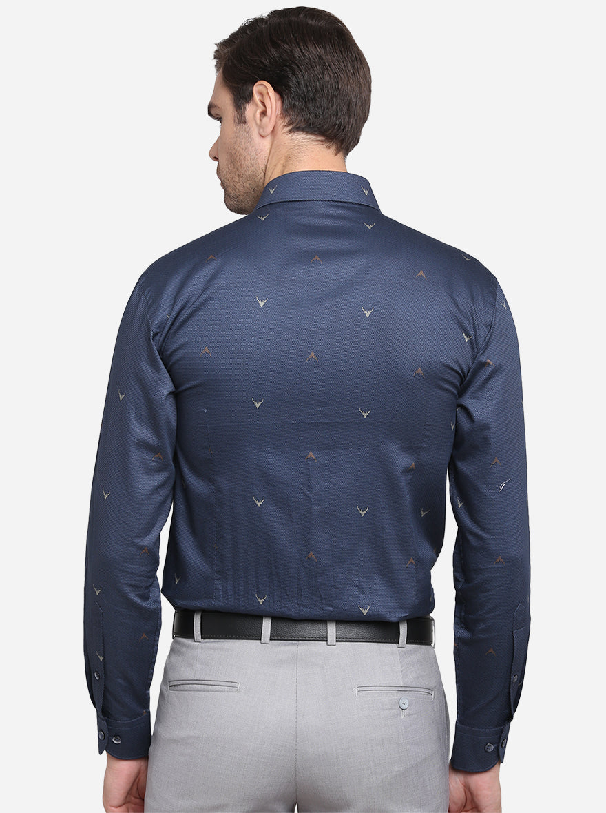 Navy Blue Printed Slim Fit Formal Shirt | Metal