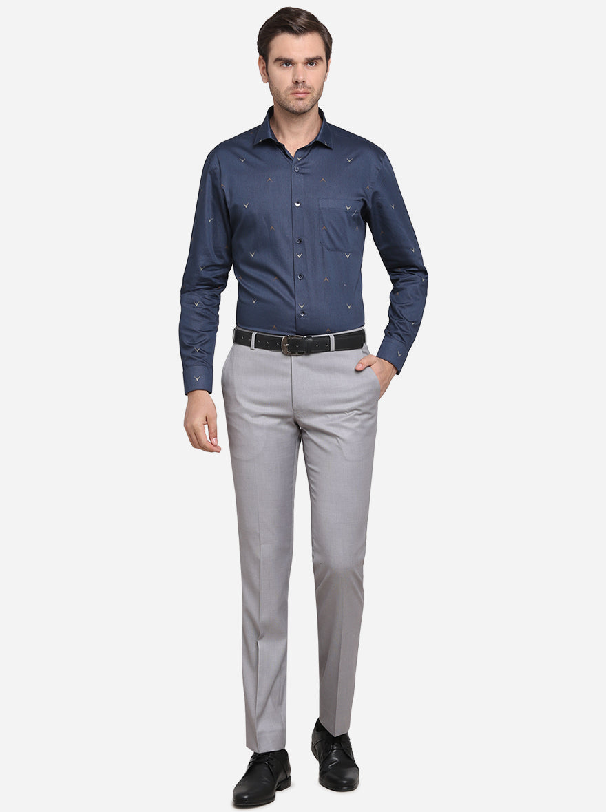 Navy Blue Printed Slim Fit Formal Shirt | Metal