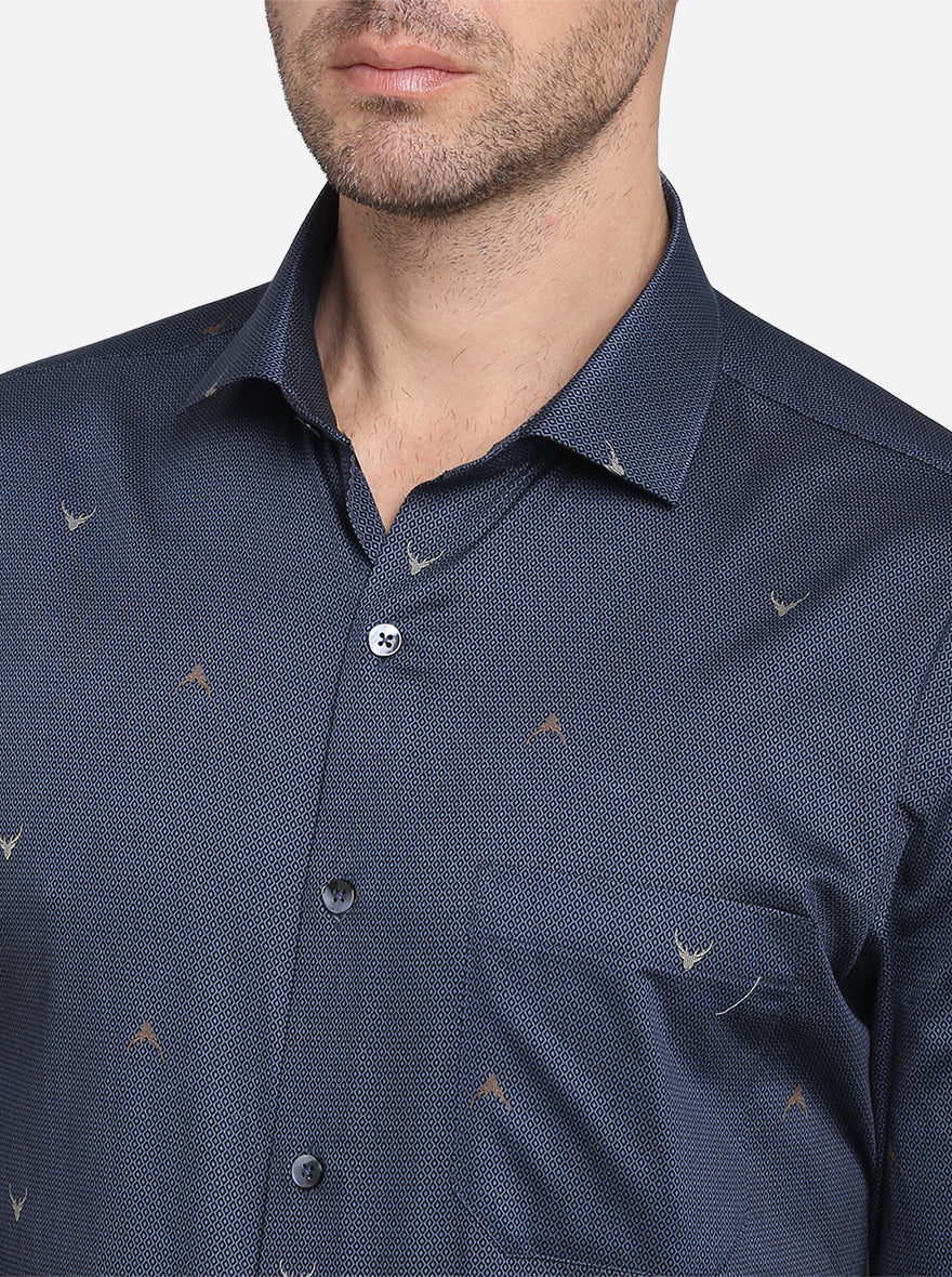 Navy Blue Printed Slim Fit Formal Shirt | Metal