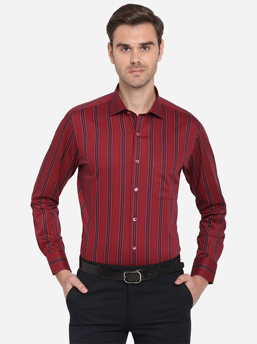 Maroon Striped Slim Fit Formal Shirt | Metal