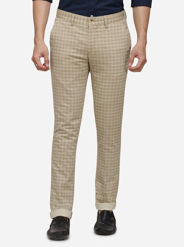 Khaki Checked Super Slim Fit Casaul Trouser | Greenfibre