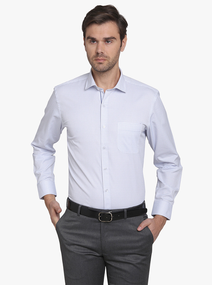 White & Blue Checked Regular Fit Formal Shirt  | Greenfibre