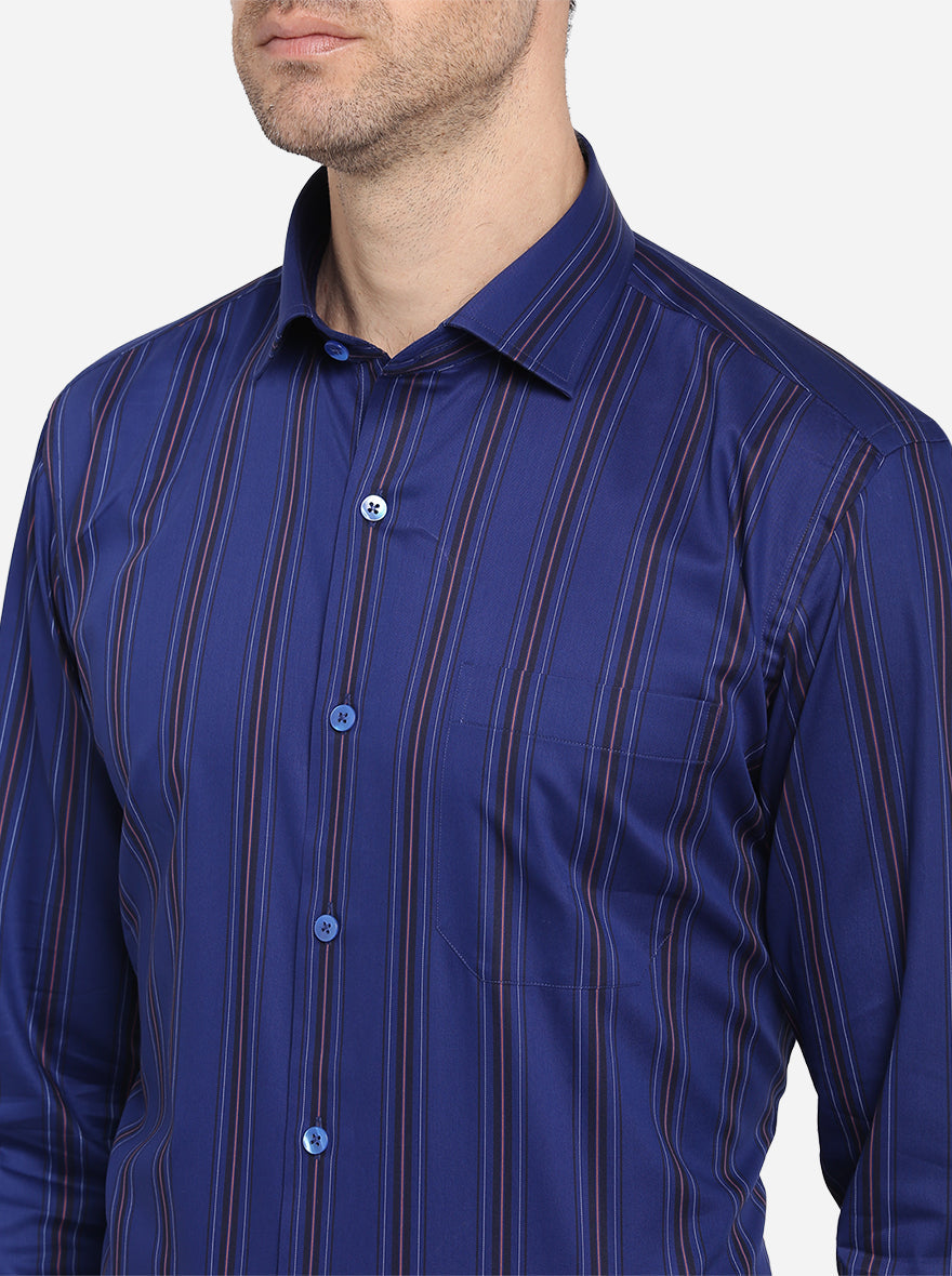 Dark Blue Striped Slim Fit Formal Shirt | Metal