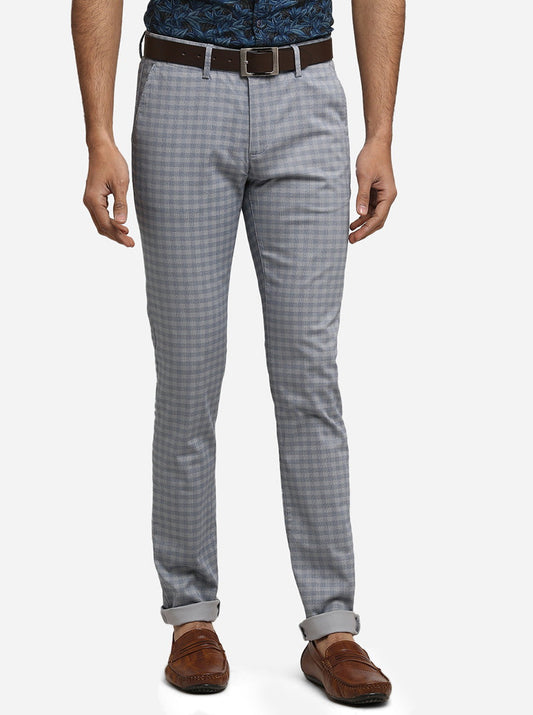 Sterling Blue Checked Super Slim Fit Casual Trouser | Greenfibre